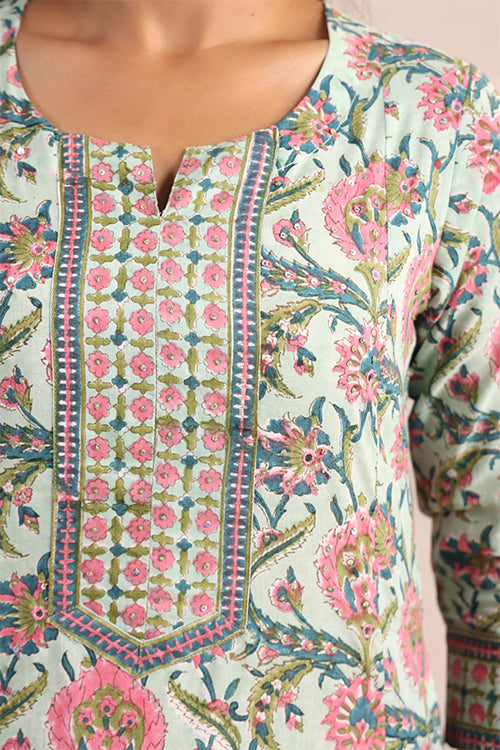 Shuddhi  Green And Pink Cotton Kurta