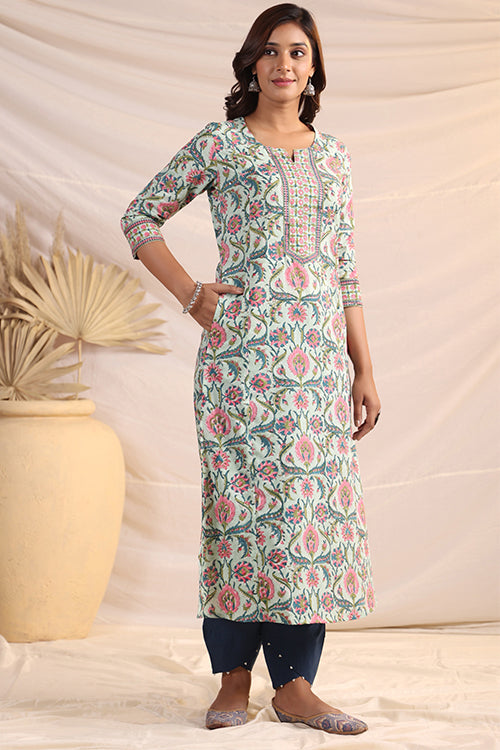 Shuddhi  Green And Pink Cotton Kurta