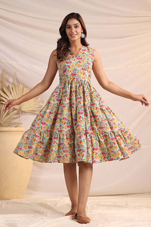 Shuddhi  Green And Pink Tier Dress