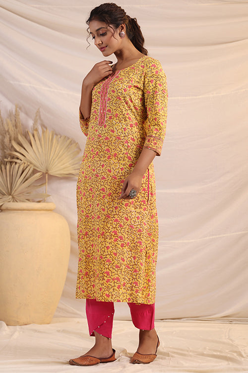 Shuddhi  Yellow And Pink Kurta