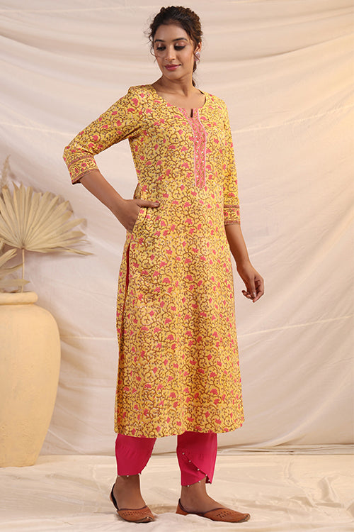 Shuddhi  Yellow And Pink Kurta