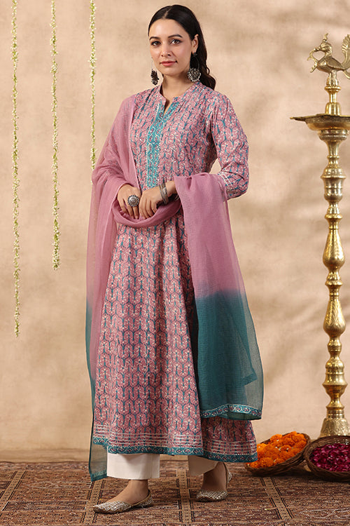 Shuddhi Purple And Teal Green Piece Kurta And Duppatta Set