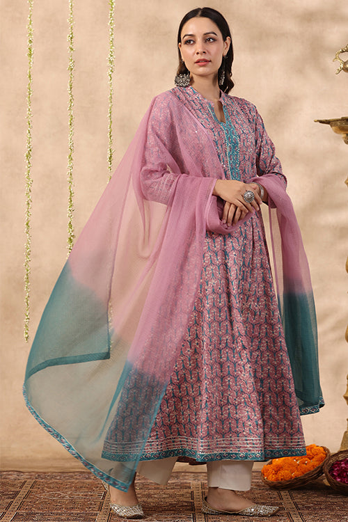 Shuddhi Purple And Teal Green Piece Kurta And Duppatta Set