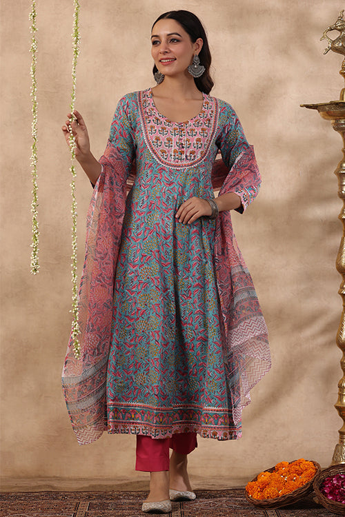 Shuddhi Green And Baby Pink 2 Piece Kurta And Duppatta Set