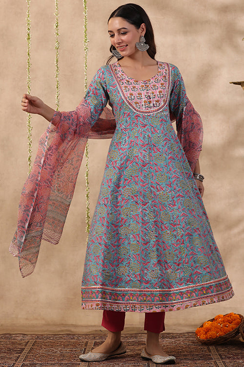 Shuddhi Green And Baby Pink 2 Piece Kurta And Duppatta Set