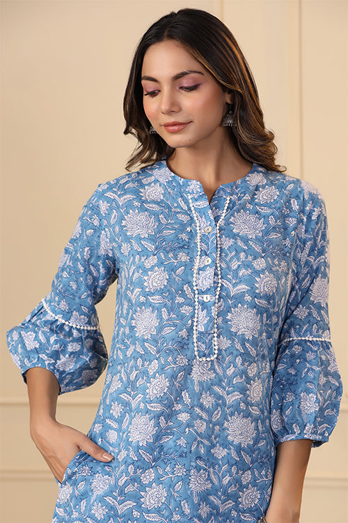 Shuddhi Cerulean Blue Block Print Kurta and Pant Set For Women Online