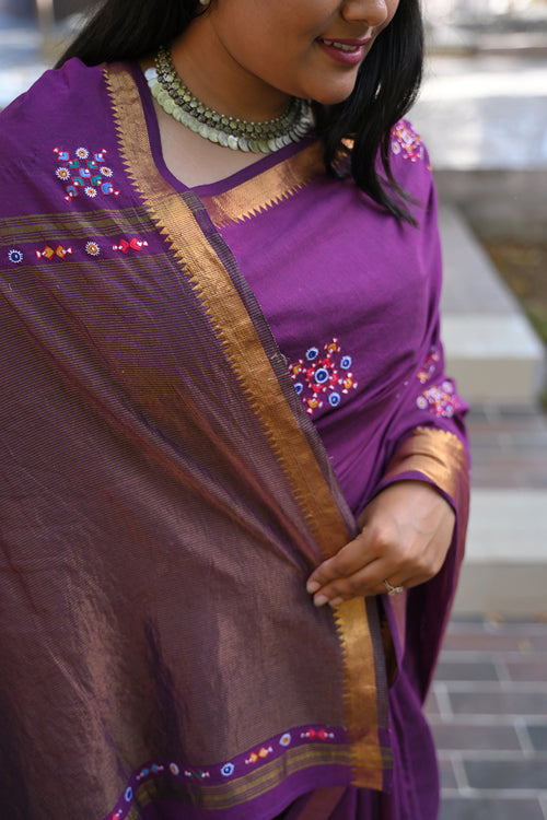 Mangalgiri Cotton Saree Hand Embroidered With Blouse Piece