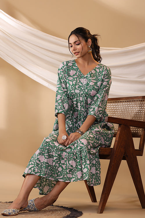 Shuddhi Forest Green Button Down Tier Dress