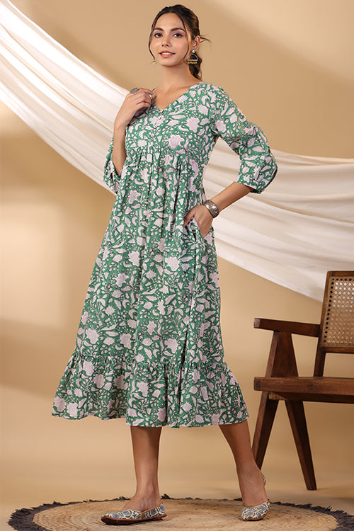 Shuddhi Forest Green Button Down Tier Dress