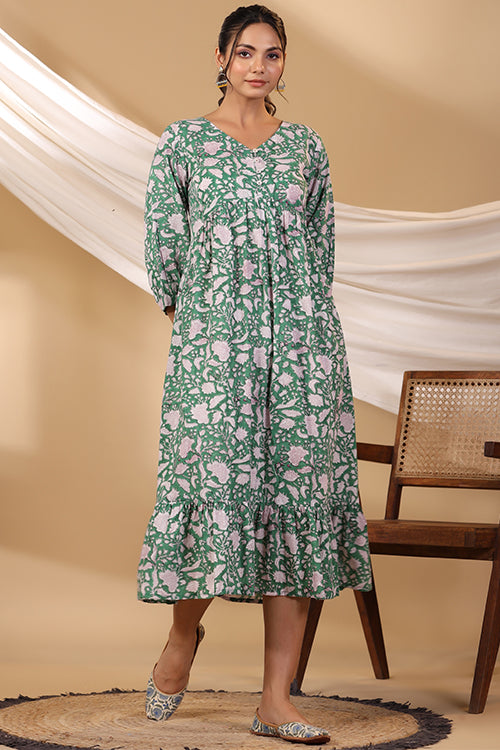 Shuddhi Forest Green Button Down Tier Dress