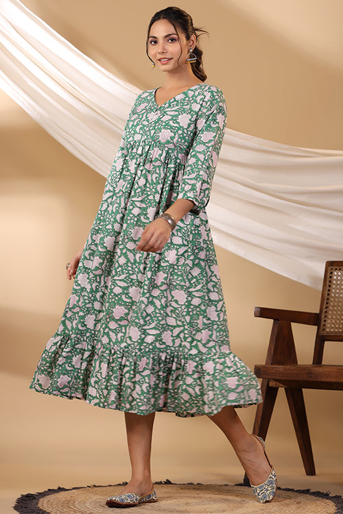 Shuddhi Forest Green Button Down Tier Dress