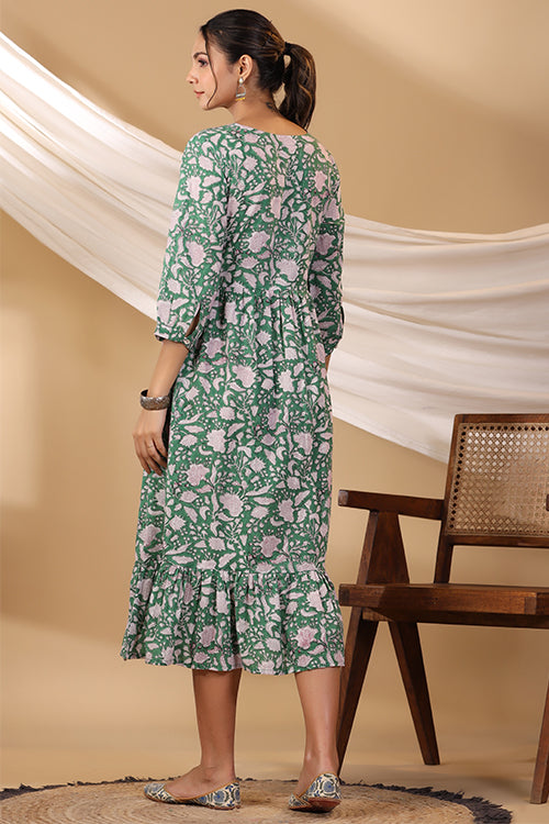 Shuddhi Forest Green Button Down Tier Dress