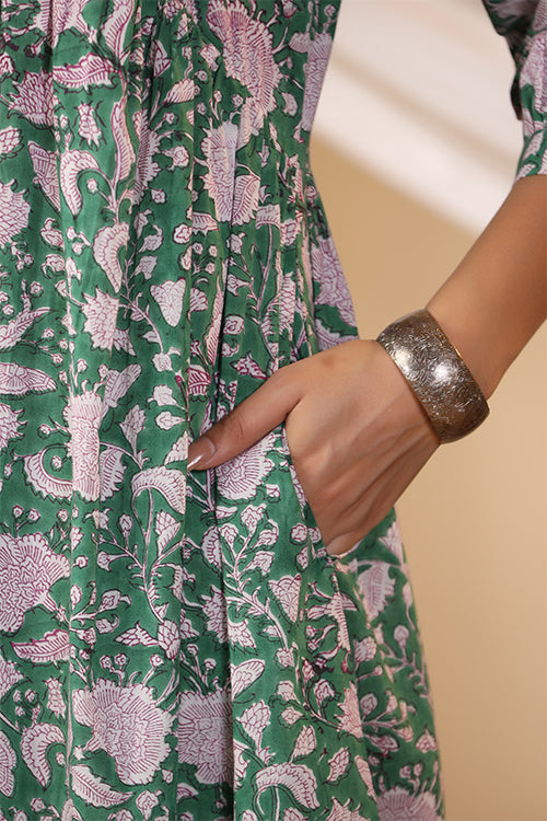 Shuddhi Forest Green Button Down Tier Dress