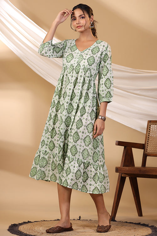 Shuddhi Grass Green Button Down Tier Dress