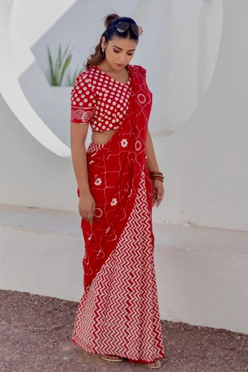 Sootisyahi Ruby Circles - Hand Block Mul Mul Cotton Saree