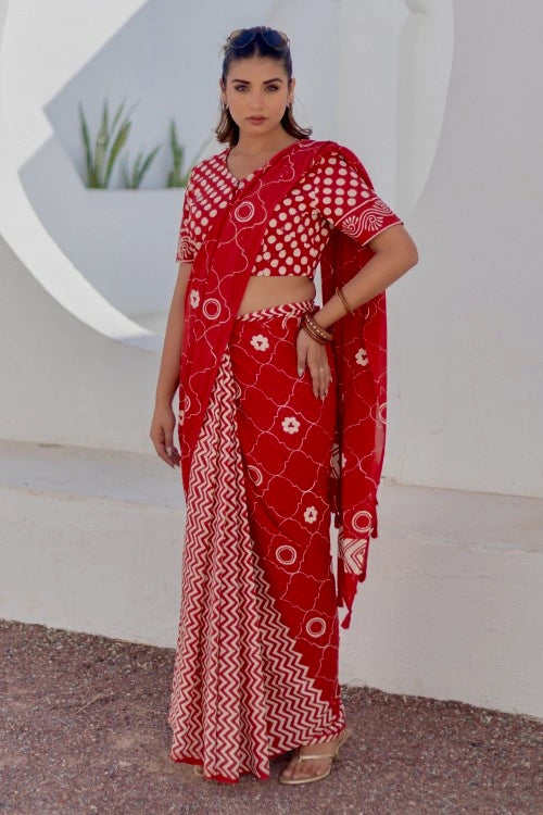 Sootisyahi Ruby Circles - Hand Block Mul Mul Cotton Saree
