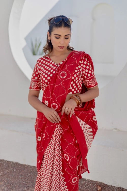 Sootisyahi Ruby Circles - Hand Block Mul Mul Cotton Saree