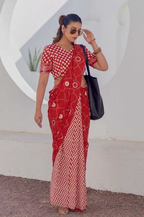Sootisyahi Ruby Circles - Hand Block Mul Mul Cotton Saree