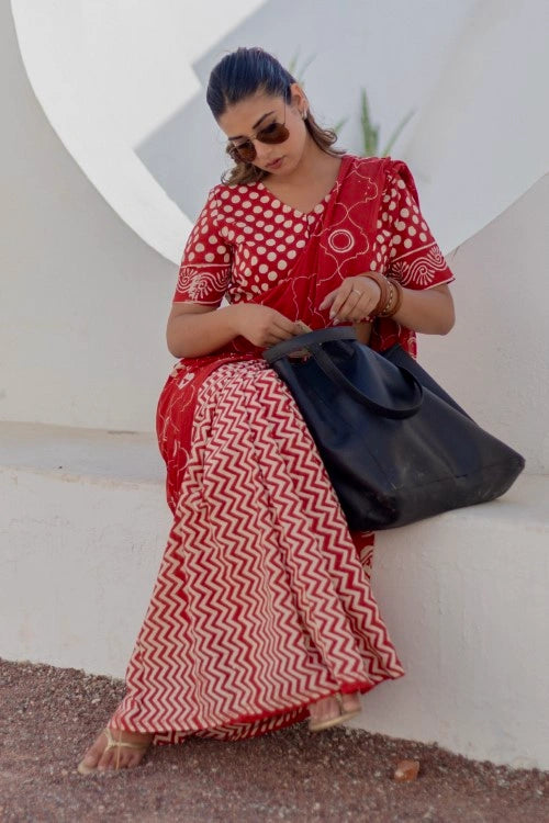 Sootisyahi Ruby Circles - Hand Block Mul Mul Cotton Saree