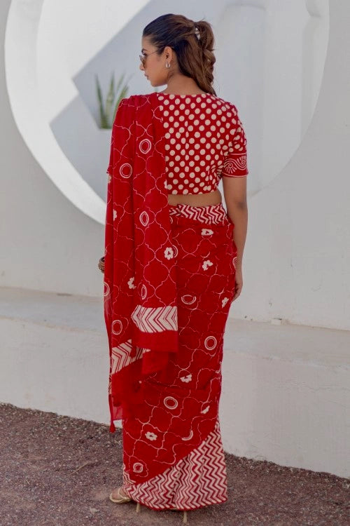 Sootisyahi Ruby Circles - Hand Block Mul Mul Cotton Saree