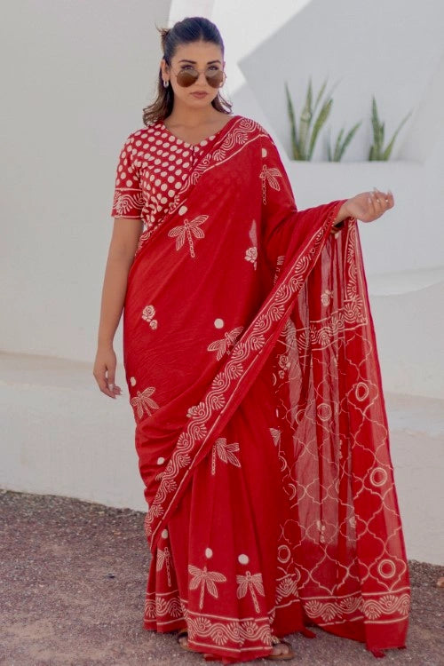 Sootisyahi Crimson Dragonfly - Hand Block Mul Mul Cotton Saree