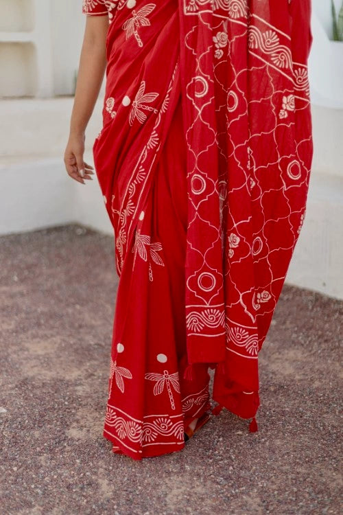 Sootisyahi Crimson Dragonfly - Hand Block Mul Mul Cotton Saree