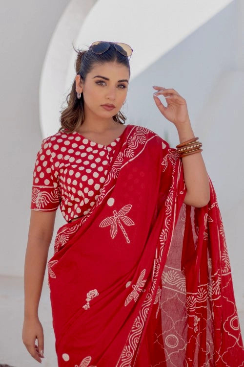 Sootisyahi Crimson Dragonfly - Hand Block Mul Mul Cotton Saree