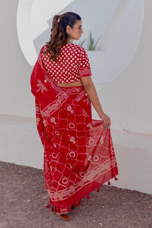 Sootisyahi Crimson Dragonfly - Hand Block Mul Mul Cotton Saree