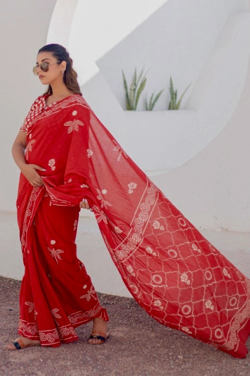 Sootisyahi Crimson Dragonfly - Hand Block Mul Mul Cotton Saree