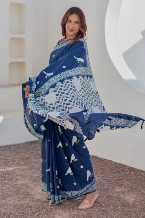Sootisyahi Midnight Sparrows - Hand Block Mul Mul Cotton Saree