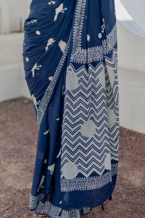 Sootisyahi Midnight Sparrows - Hand Block Mul Mul Cotton Saree