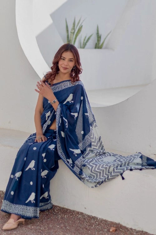 Sootisyahi Midnight Sparrows - Hand Block Mul Mul Cotton Saree