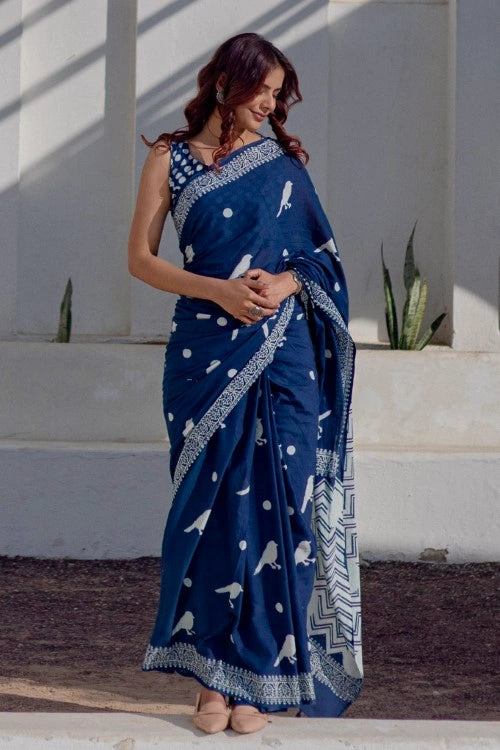 Sootisyahi Midnight Sparrows - Hand Block Mul Mul Cotton Saree