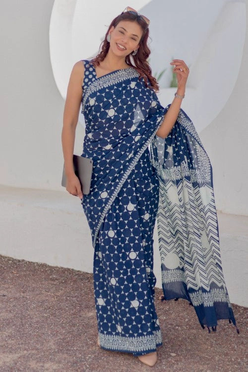 Sootisyahi Navy Stars - Hand Block Mul Mul Cotton Saree