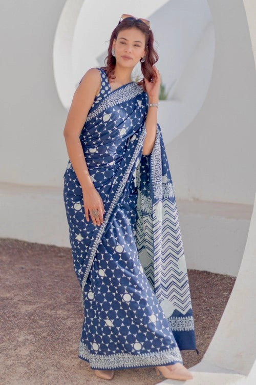 Sootisyahi Navy Stars - Hand Block Mul Mul Cotton Saree