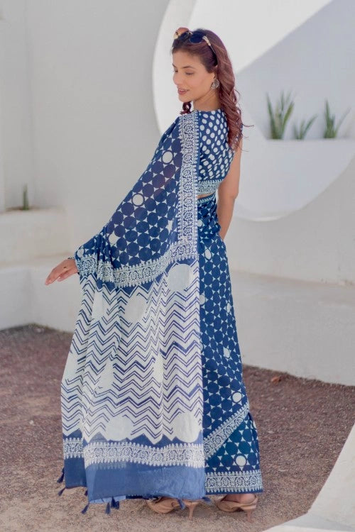 Sootisyahi Navy Stars - Hand Block Mul Mul Cotton Saree