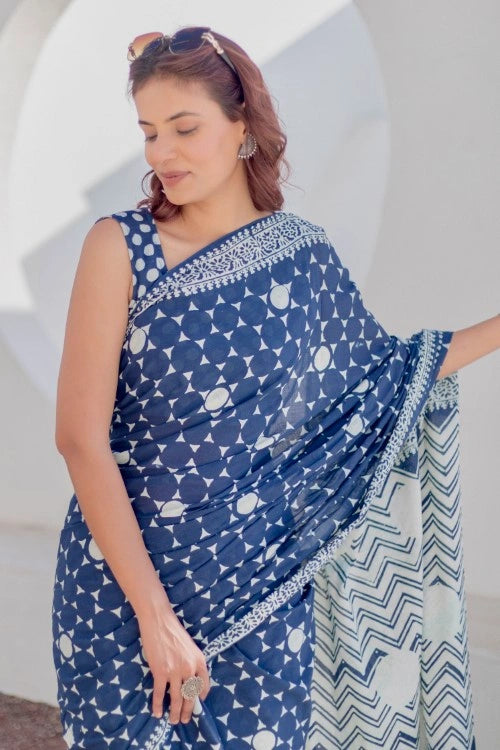 Sootisyahi Navy Stars - Hand Block Mul Mul Cotton Saree