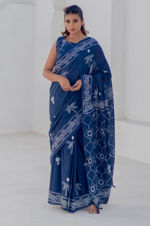 Sootisyahi Indigo Dragonflies - Hand Block Mul Mul Cotton Saree