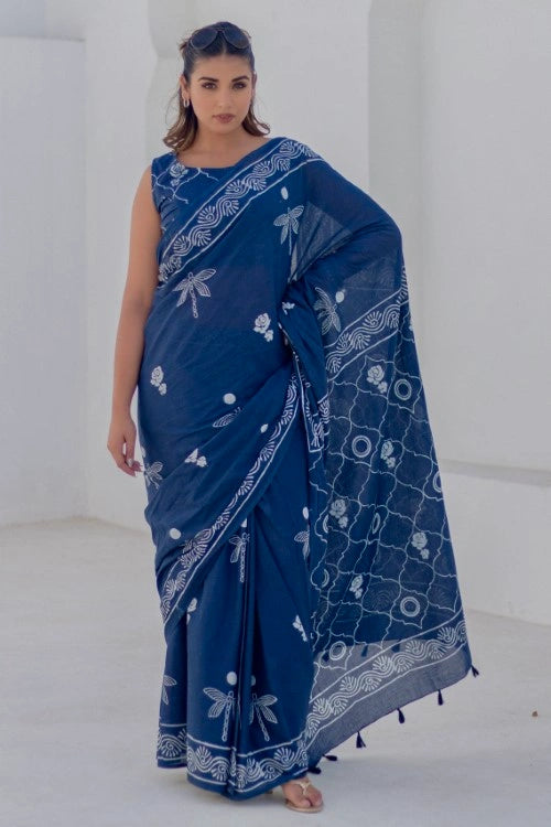 Sootisyahi Indigo Dragonflies - Hand Block Mul Mul Cotton Saree