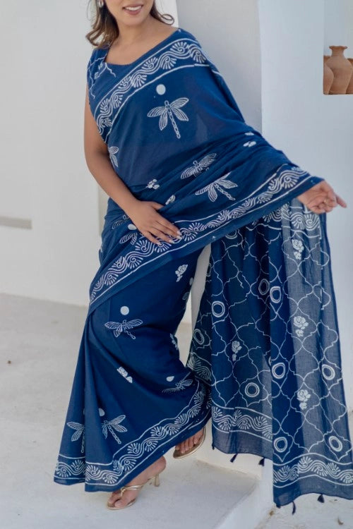Sootisyahi Indigo Dragonflies - Hand Block Mul Mul Cotton Saree