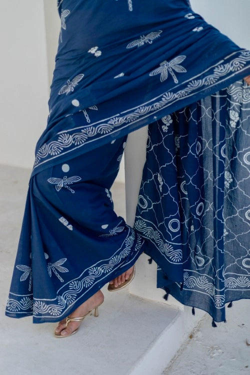 Sootisyahi Indigo Dragonflies - Hand Block Mul Mul Cotton Saree