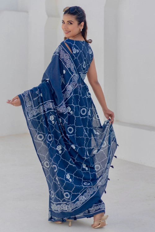Sootisyahi Indigo Dragonflies - Hand Block Mul Mul Cotton Saree