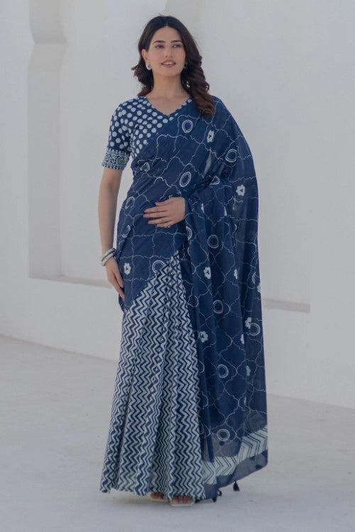 Sootisyahi Midnight Circles - Hand Block Mul Mul Cotton Saree