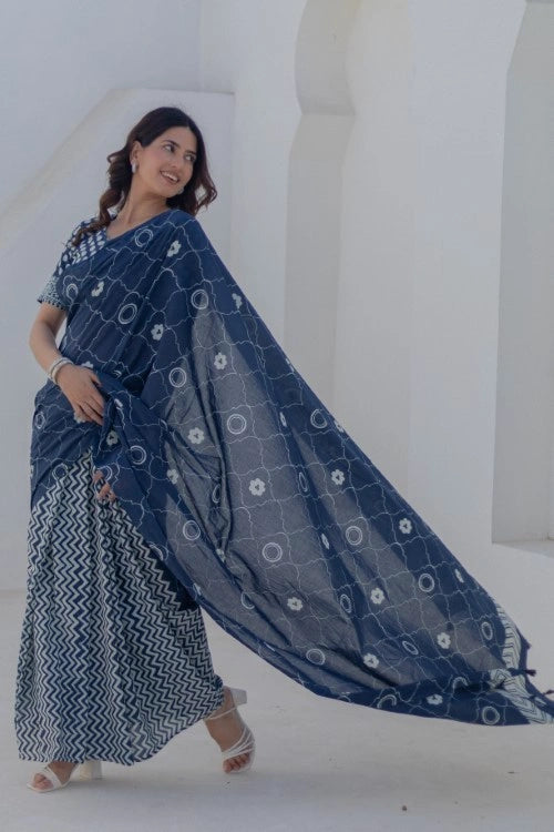 Sootisyahi Midnight Circles - Hand Block Mul Mul Cotton Saree
