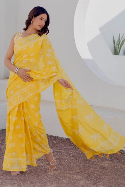 Sootisyahi Sunshine Dots - Hand Block Mul Mul Cotton Saree