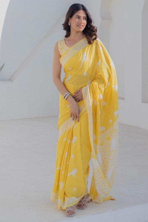 Sootisyahi Golden Birds - Hand Block Mul Mul Cotton Saree