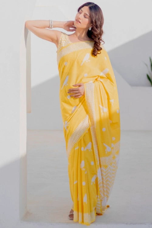 Sootisyahi Golden Birds - Hand Block Mul Mul Cotton Saree