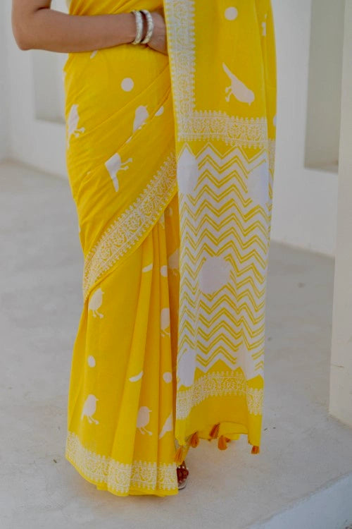 Sootisyahi Golden Birds - Hand Block Mul Mul Cotton Saree