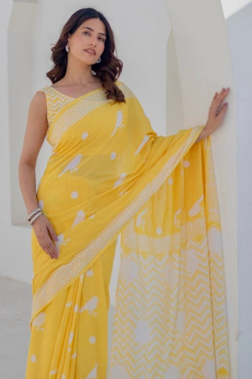 Sootisyahi Golden Birds - Hand Block Mul Mul Cotton Saree