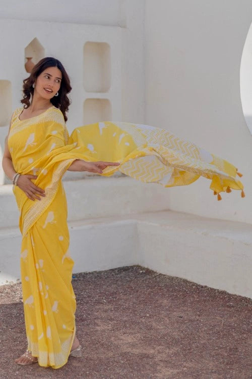 Sootisyahi Golden Birds - Hand Block Mul Mul Cotton Saree